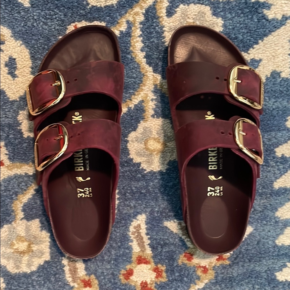 Birkenstock Maroon Sandals with Gold Buckles - size 37